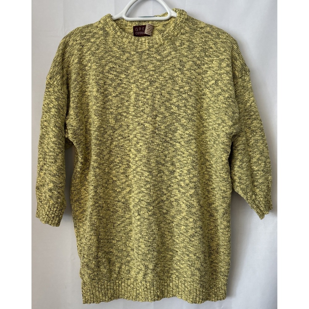 Vtg Women's Great Connections Marbled‎ Black/yellow Acrylic  3/4 Sleeve Sweater